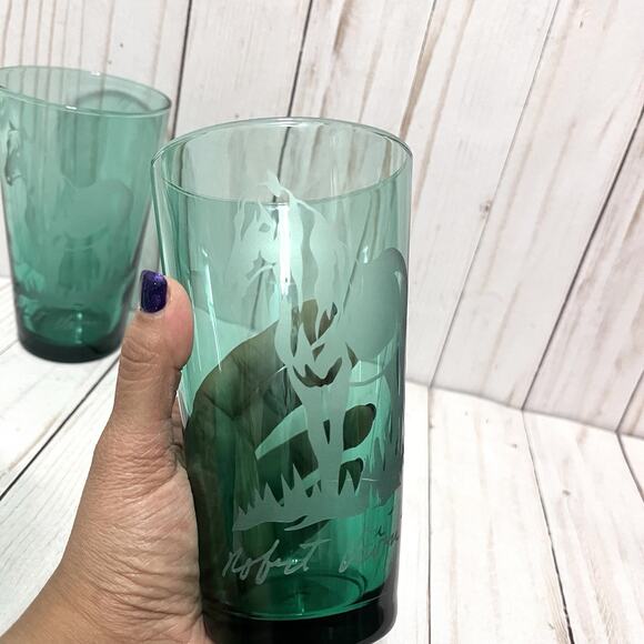 Robert Vavra Vintage Signed Frosted Etched Equestrian Green Glass Tumblers Set 5 - Picture 3 of 12